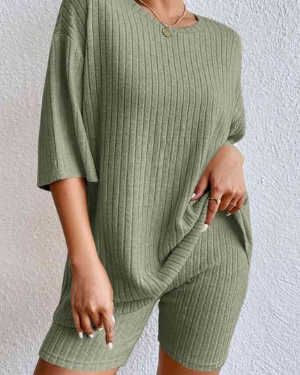Round Neck Ribbed Top and Shorts Lounge Set