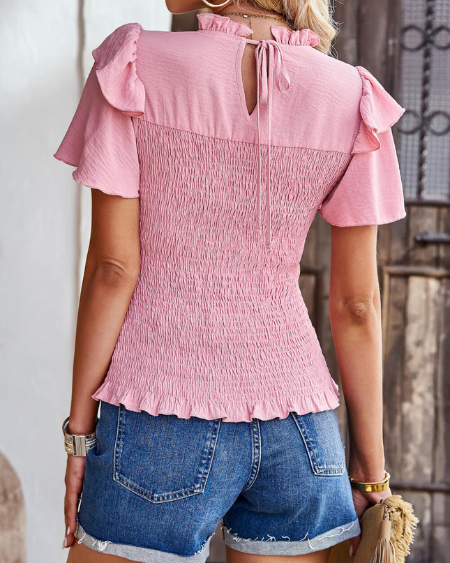 Smocked Tie Back Flutter Sleeve Blouse