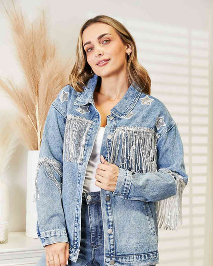 Fringe Detail Long Sleeve Denim Jacket