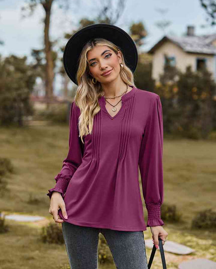 Notched Neck Flounce Sleeve Blouse