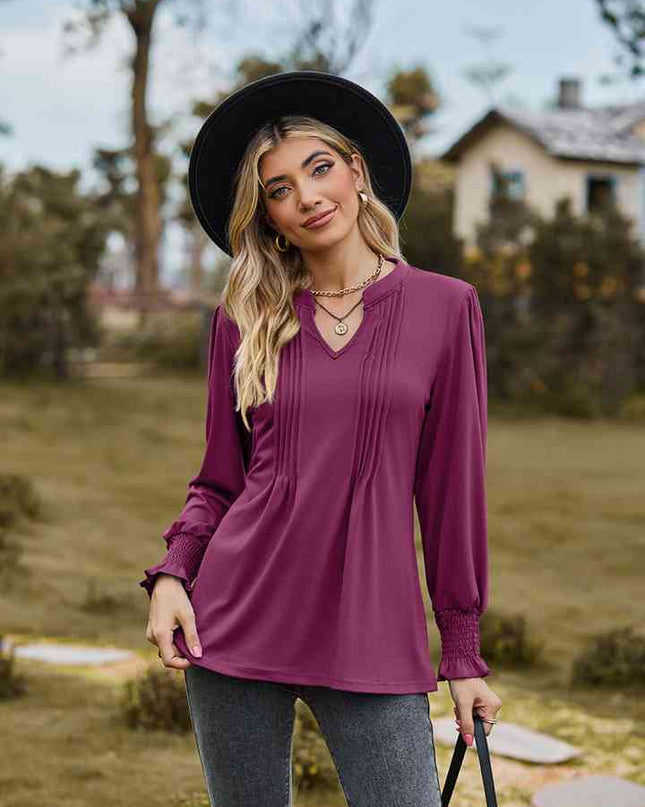 Notched Neck Flounce Sleeve Blouse