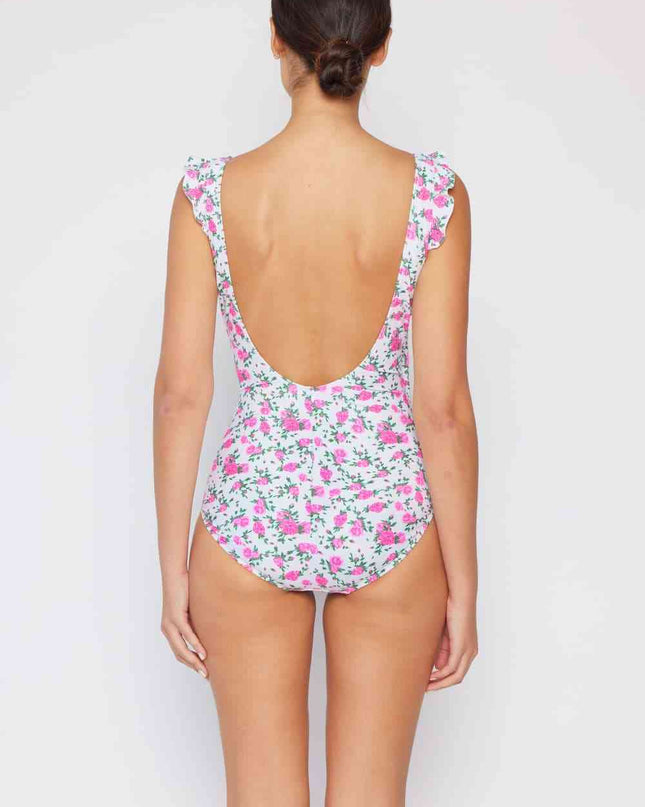 Marina West Swim Full Size Float On Ruffle Faux Wrap One-Piece in Roses Off-White
