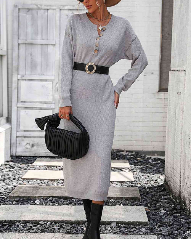 Notched Neck Dropped Shoulder Button-Down Midi Dress