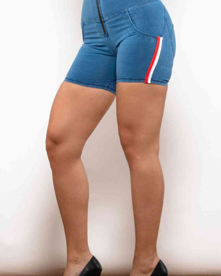 Full Size Side Stripe Zip Closure Denim Shorts
