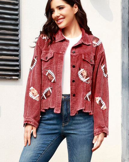 Football Sequin Raw Hem Collared Neck Jacket
