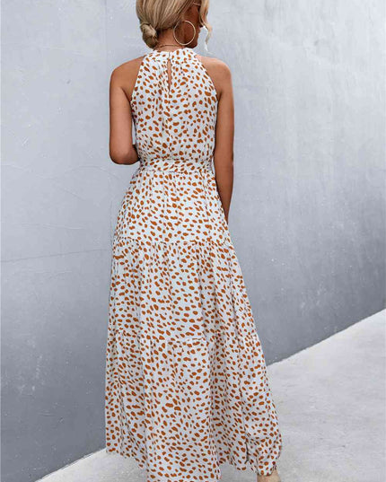 Printed Sleeveless Tie Waist Maxi Dress