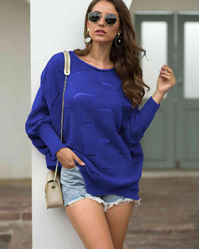 Full Size Boat Neck Lantern Sleeve Openwork Knit Top