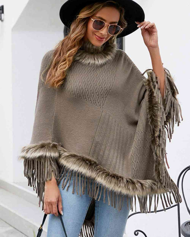 Faux Fur Trim Fringed Poncho