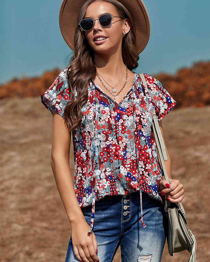 Floral Flutter Sleeve Tie-Neck Blouse