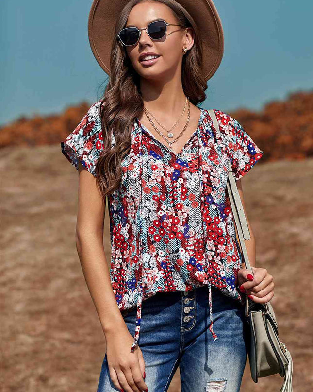Floral Flutter Sleeve Tie-Neck Blouse