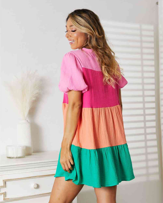 Double Take Color Block Buttoned Puff Sleeve Dress