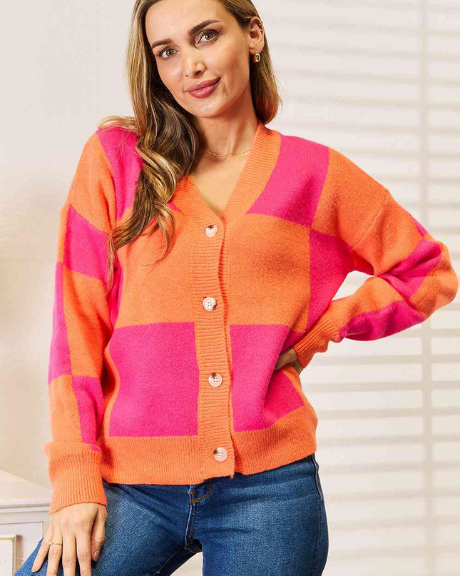 Woven Right Checkered V-Neck Dropped Shoulder Cardigan