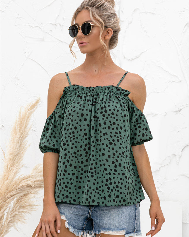 Printed Cold-Shoulder Frill Trim Blouse