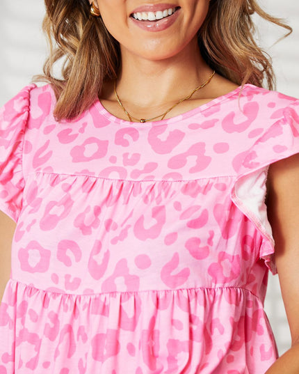 Double Take Leopard Round Neck Tiered Blouse