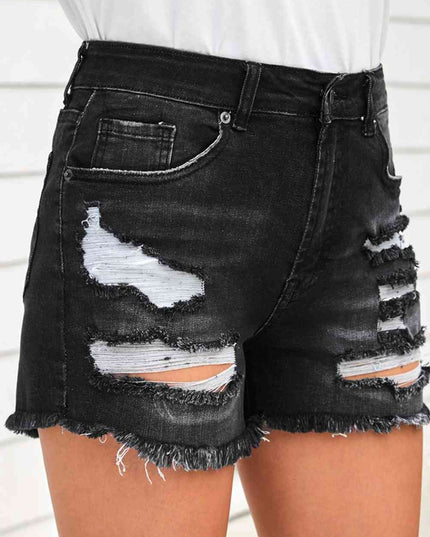 Raw Hem Distressed Denim Shorts with Pockets