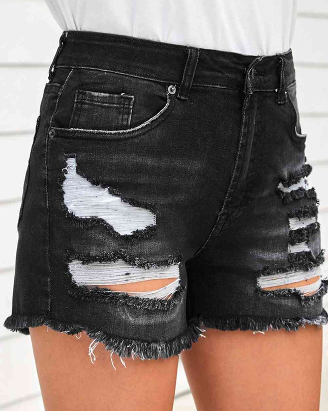 Raw Hem Distressed Denim Shorts with Pockets