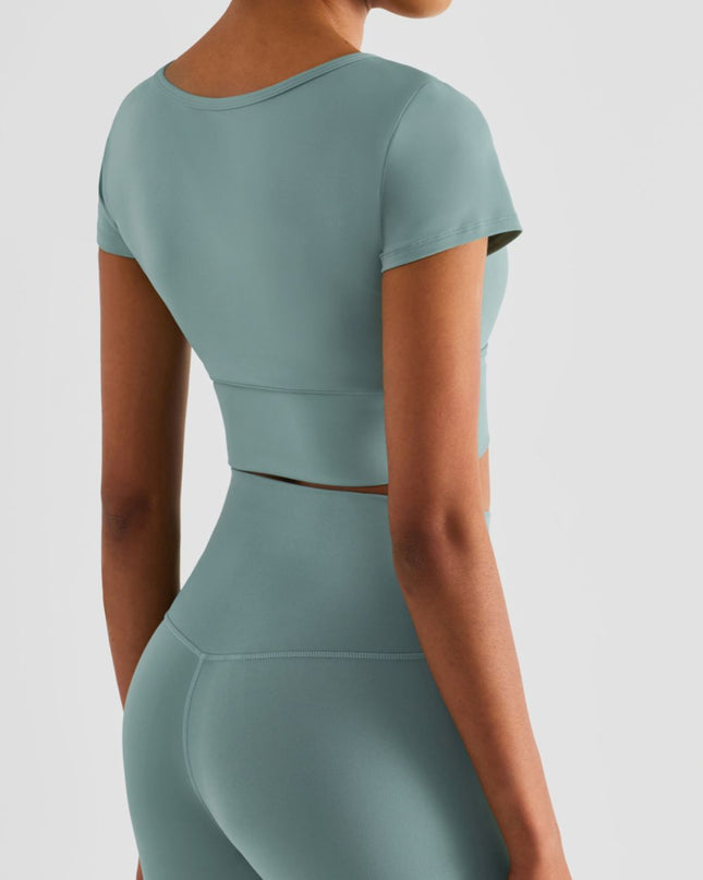 Notched Neck Short Sleeve Cropped Sports Top
