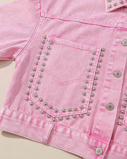 Studded Collared Neck Denim Jacket with Pockets