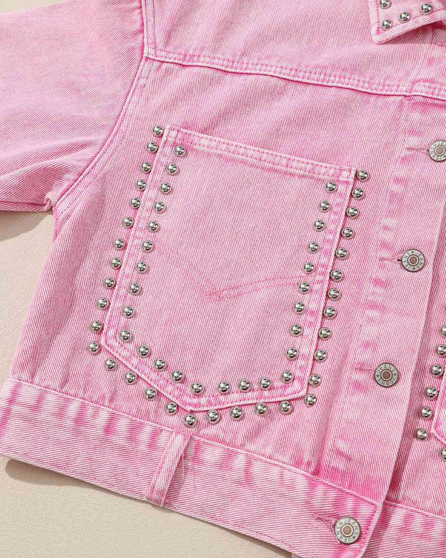 Studded Collared Neck Denim Jacket with Pockets