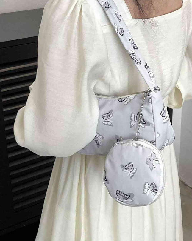 Butterfly Print Shoulder Bag with Purse