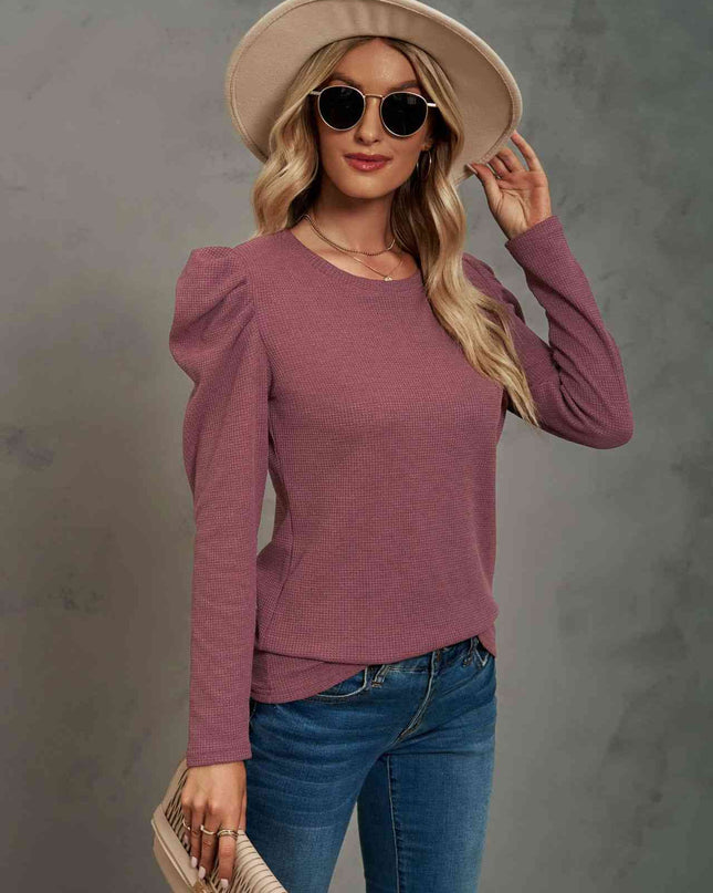 Waffle-Knit Puff Sleeve Round Neck Top