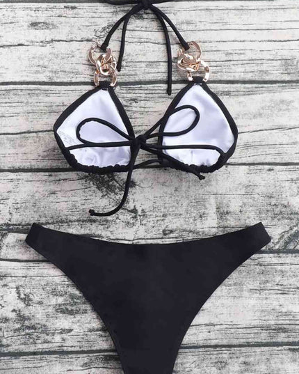 Chain Detail Tied Halter Neck Bikini Set