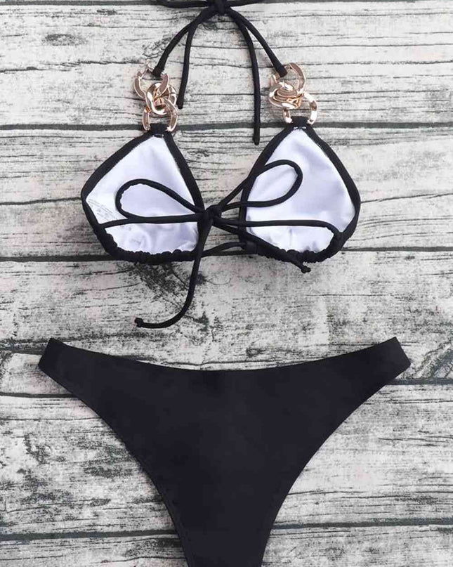 Chain Detail Tied Halter Neck Bikini Set