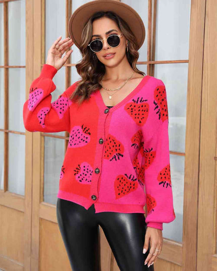 Printed V-Neck Button-Down Long Sleeve Cardigan