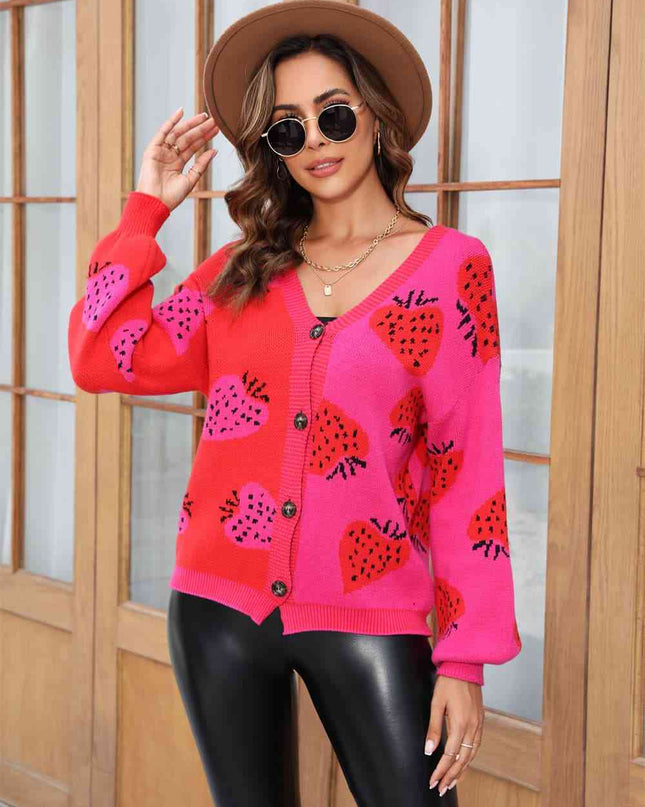 Printed V-Neck Button-Down Long Sleeve Cardigan