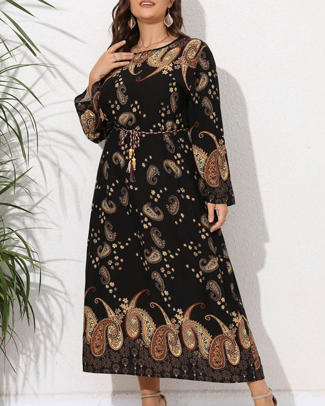Full Size Tie Waist Round Neck Long Sleeve Midi Dress