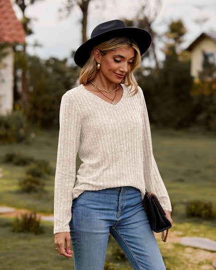 Ribbed V-Neck Long Sleeve Tee