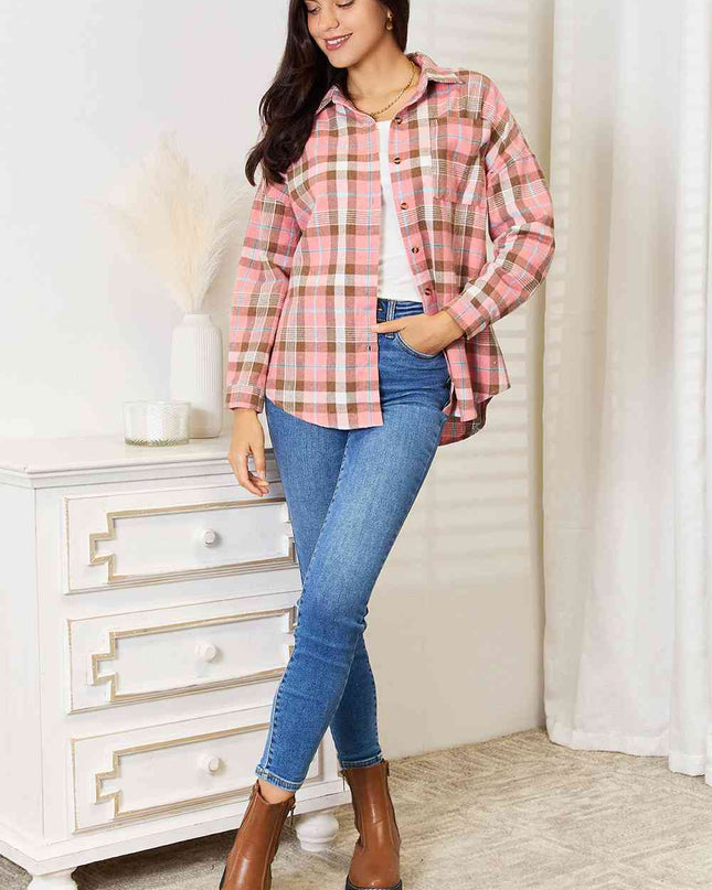 Double Take Plaid Collared Neck Long Sleeve Button-Up Shirt