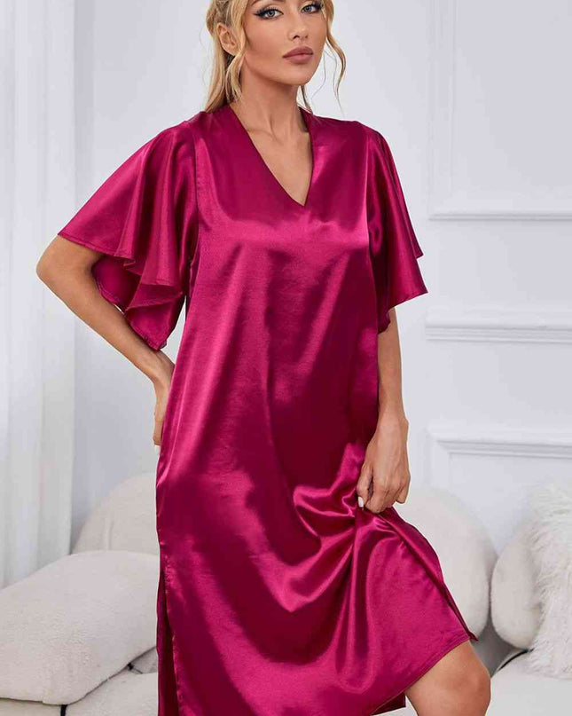 Satin Flutter Sleeve Side Slit V-Neck Night Dress