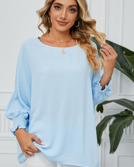 Smocked Lantern Sleeve Round Neck Blouse