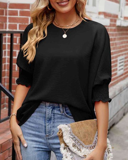 Round Neck Smocked Lantern Sleeve Blouse
