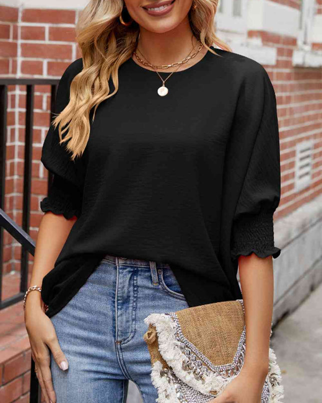 Round Neck Smocked Lantern Sleeve Blouse