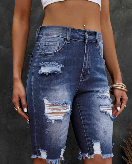 Distressed Frayed Hem Denim Bermuda Shorts