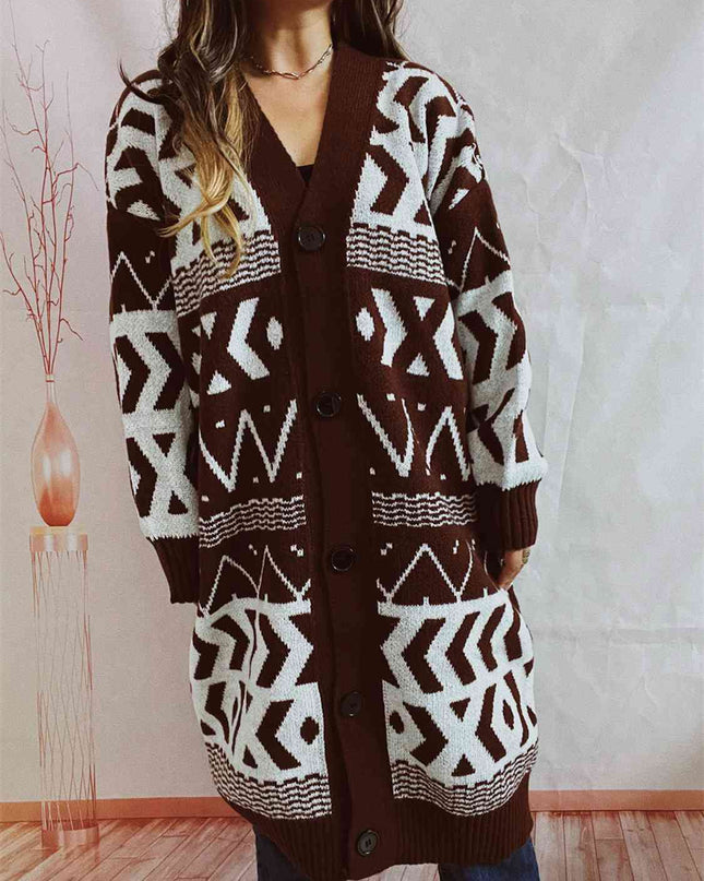 Geometric Button Front Longline Cardigan