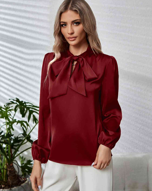 Tie Neck Long Puff Sleeve Blouse