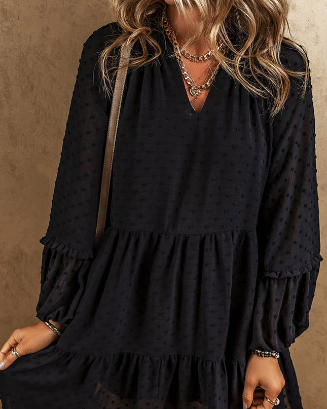 Swiss Dot V-Neck Ruffle Trim Mini Tiered Dress