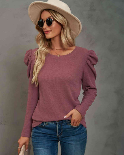 Waffle-Knit Puff Sleeve Round Neck Top
