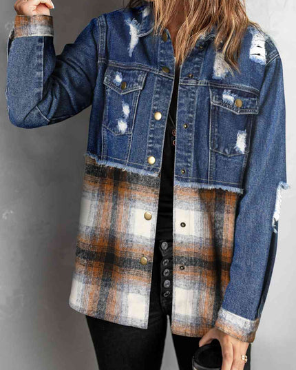 Plaid Distressed Raw Hem Snap Down Denim Jacket