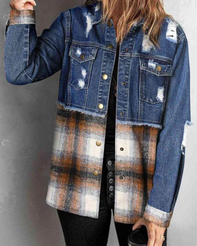 Plaid Distressed Raw Hem Snap Down Denim Jacket