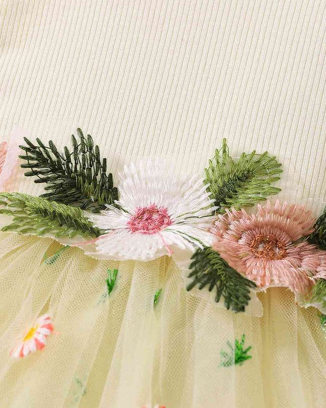 Embroidered Round Neck Flutter Sleeve Dress