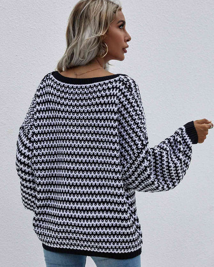 Striped Drop Shoulder V-Neck Pullover Sweater