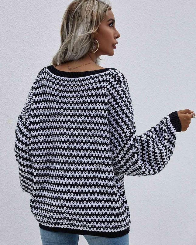Striped Drop Shoulder V-Neck Pullover Sweater