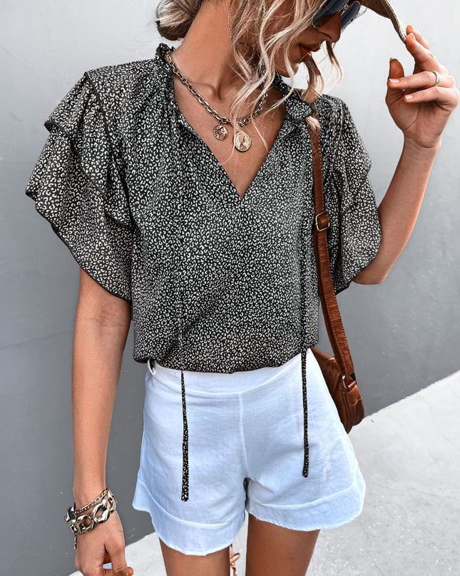 Printed Flutter Sleeve V-Neck Top