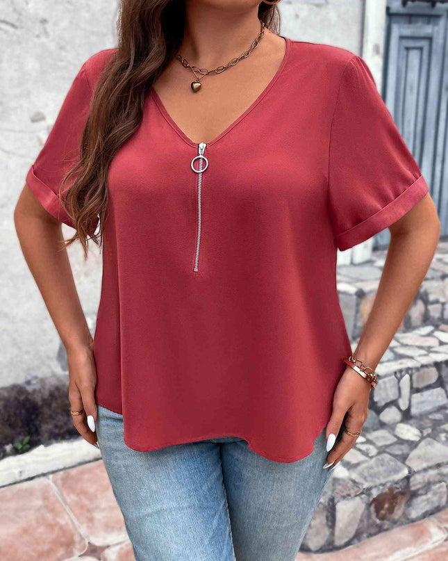Plus Size V-Neck Short Sleeve Blouse with Zipper