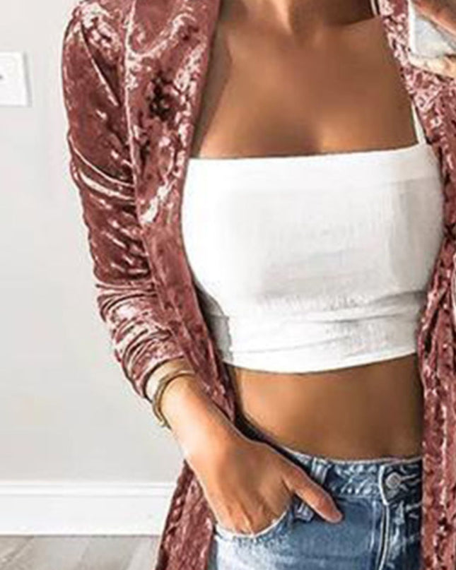 Open Front Long Sleeve Longline Velvet Cardigan