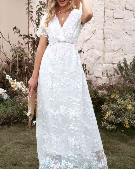 Embroidered Short Sleeve Surplice Neck Maxi Dress